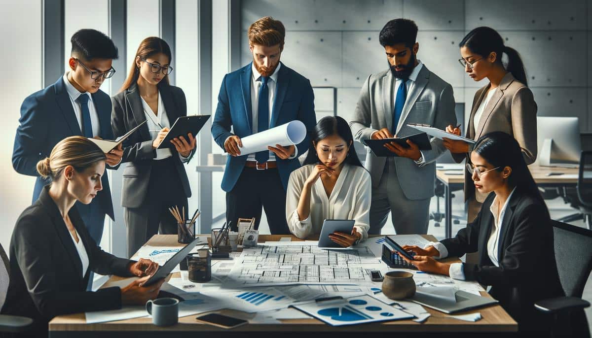 A diverse group of professionals in an office setting, working together and collaborating