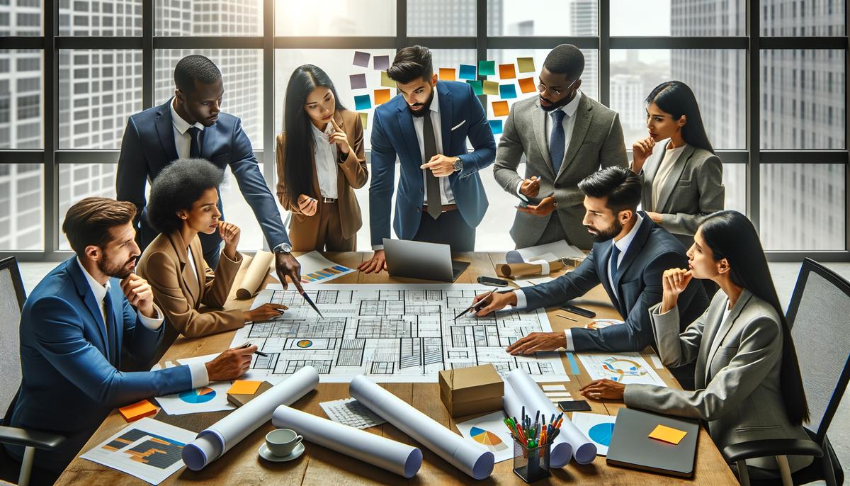 A diverse group of professionals in an office setting discussing documents and charts