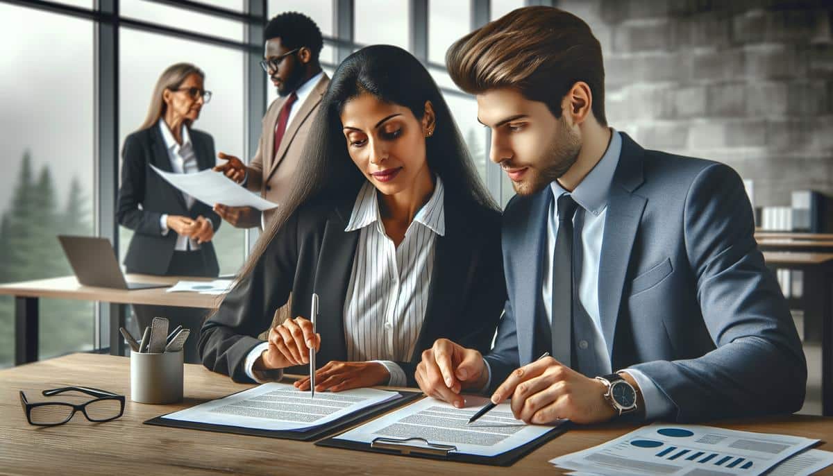 An image depicting a diverse group of professionals in an office setting, working together on paperwork and discussing compliance regulations.