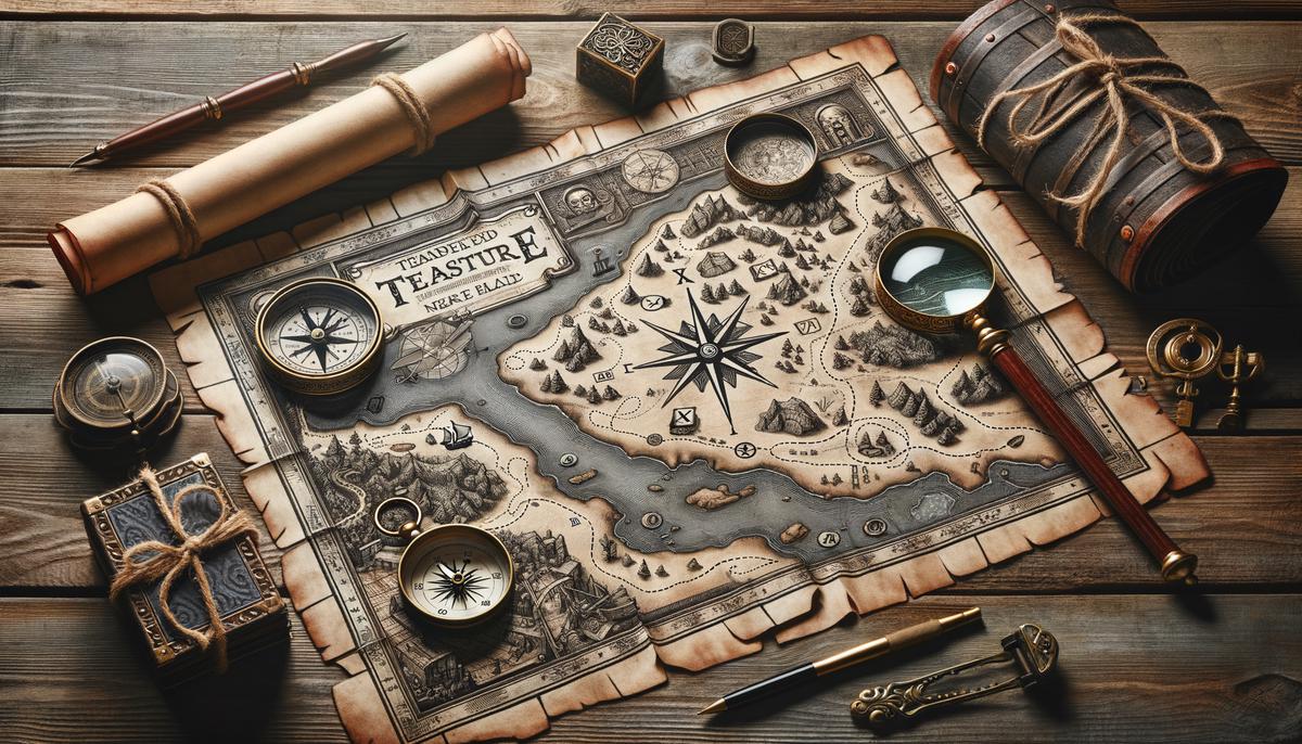 A realistic image of a treasure map with a compass, a magnifying glass, and a scroll, symbolizing navigating the OFCCP Contractor Portal for AAP certification