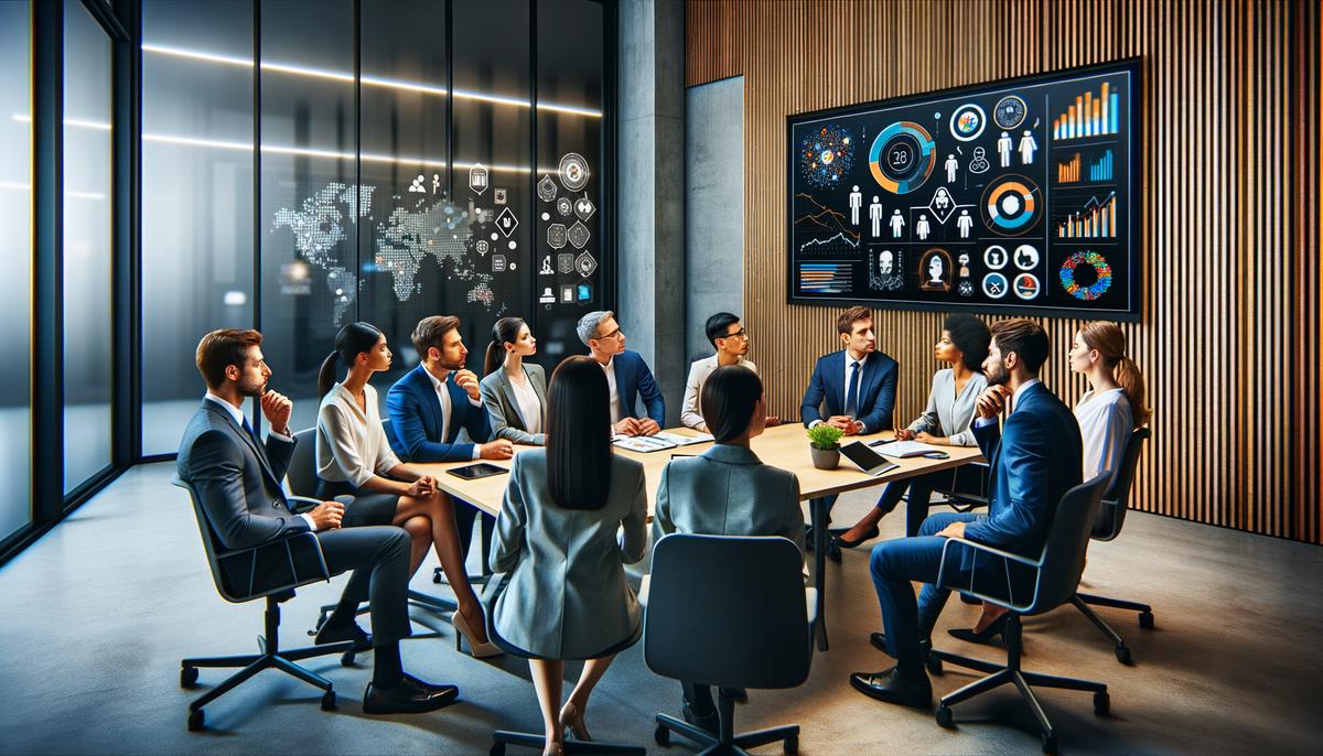 A professional recruitment team discussing strategies in a modern office setting