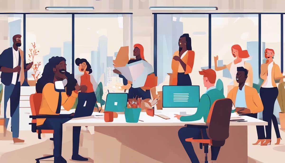 A diverse group of employees collaborating happily in an office