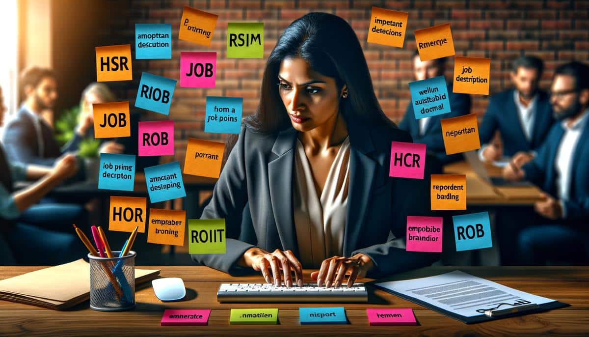 A professional HR person crafting a job description on a computer, surrounded by sticky notes with key points and a company logo in the background